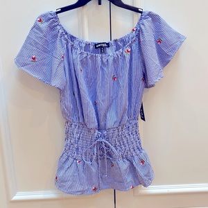 NWT- Top w/ Blue and white stripes, flutter sleeves with cute details @ waist